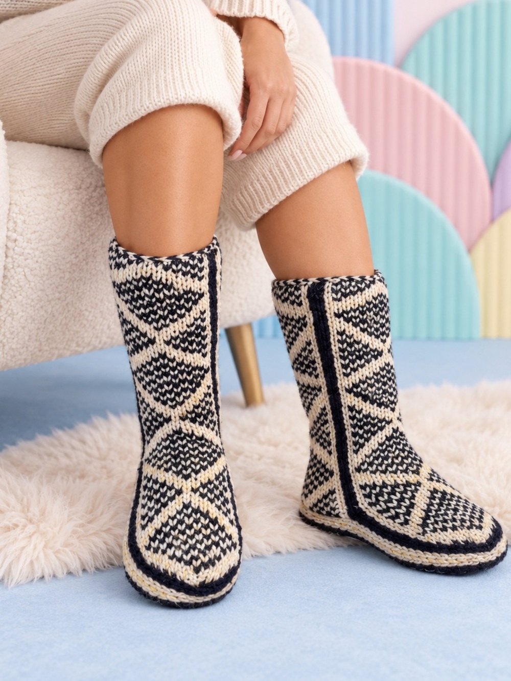 MUK LUKS Women’s Size 9 Tall Knit Slipper Boots Navy Ivory Yellow